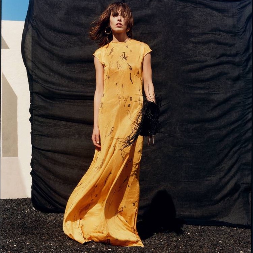 Zara Collection Woman Basic Gold & Black Abstract Maxi Dress Size Medium